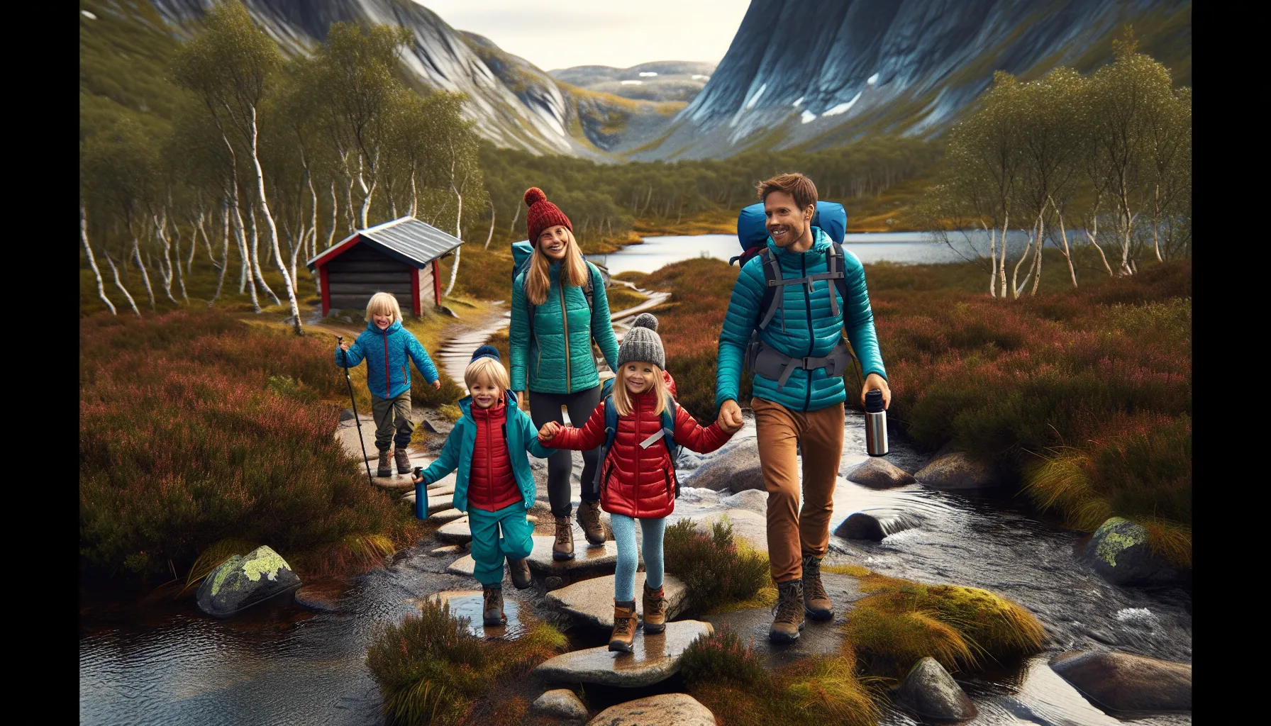 De beste aktivitetene for familievennlige turer 2 Norwegian family hiking a gentle mountain trail with playful children near a fjord.