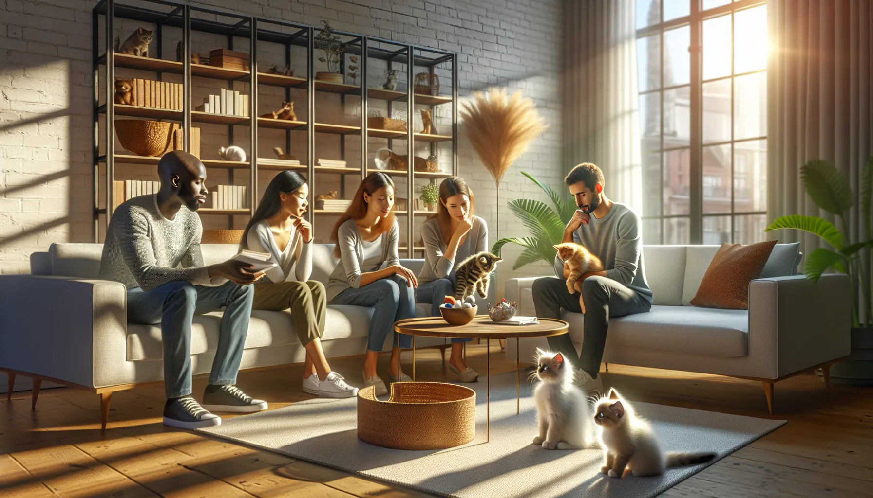 group considering kitten adoption in a bright living room.