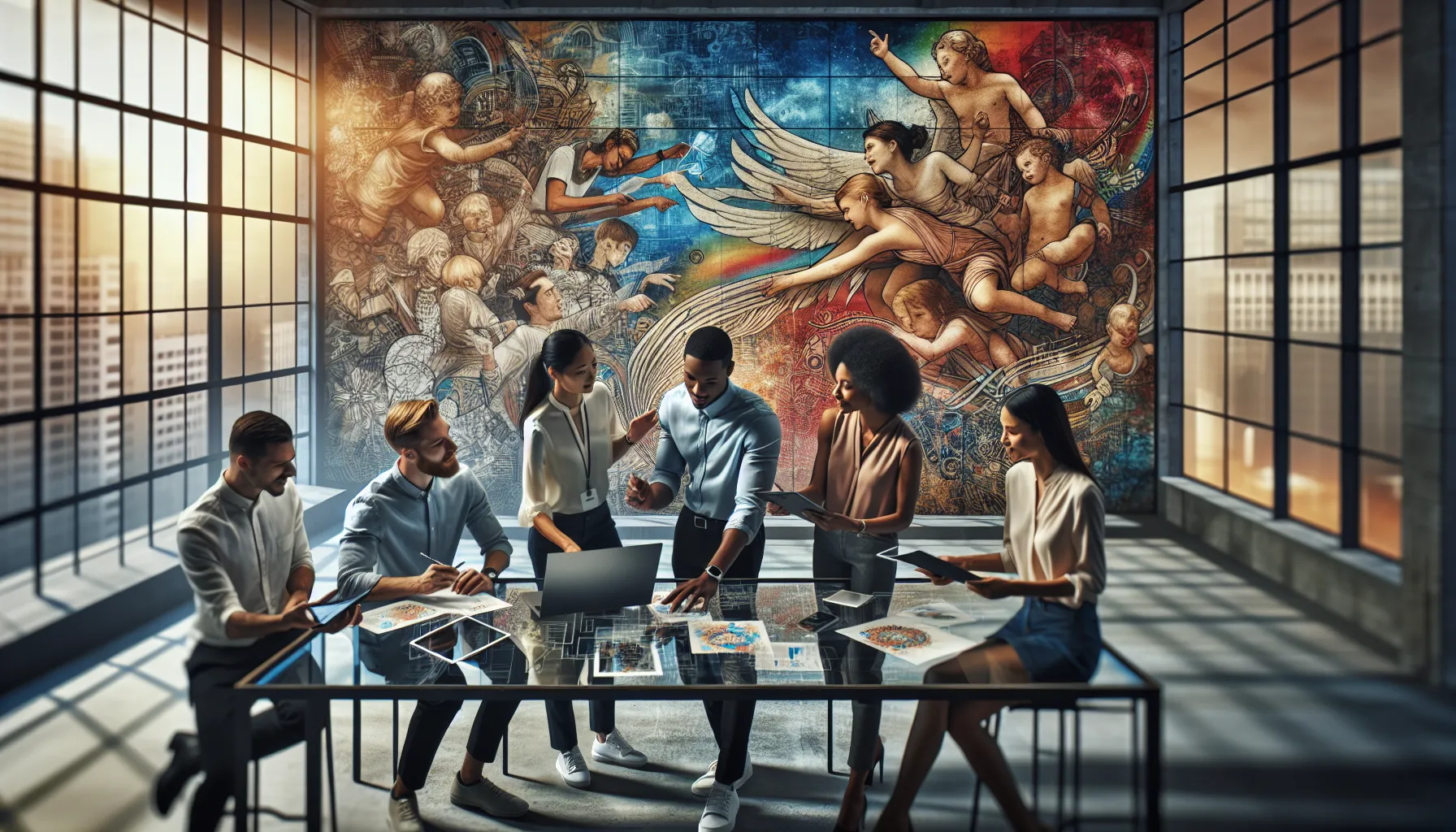 diverse professionals collaborating in a creative workspace.