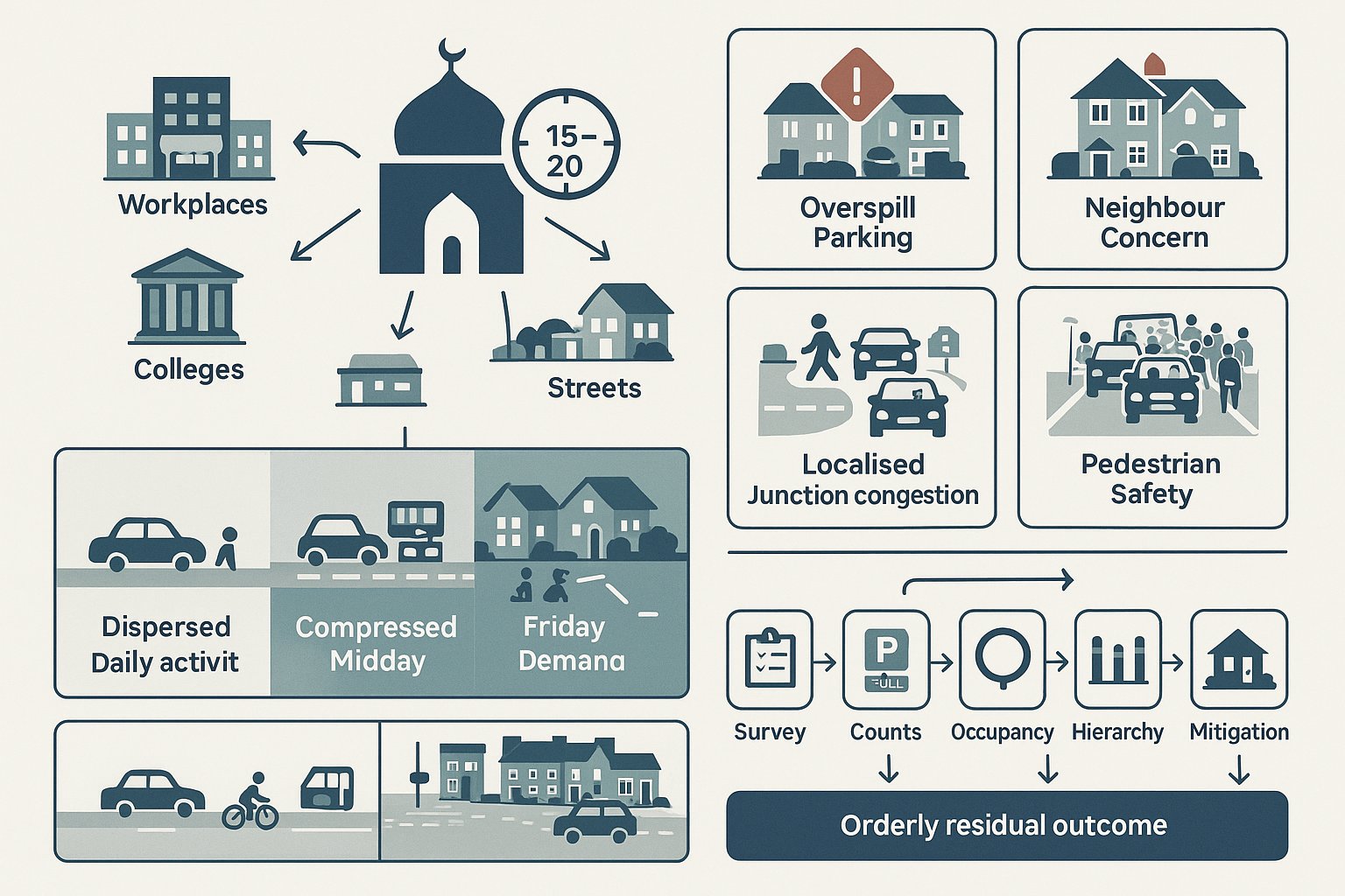 Infographic of Friday mosque parking risks, peak traffic, and mitigation steps.
