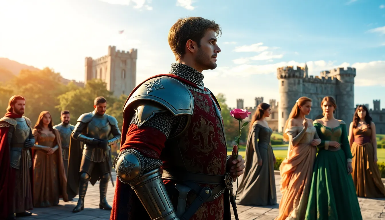noble knight and lady in a medieval courtyard setting.