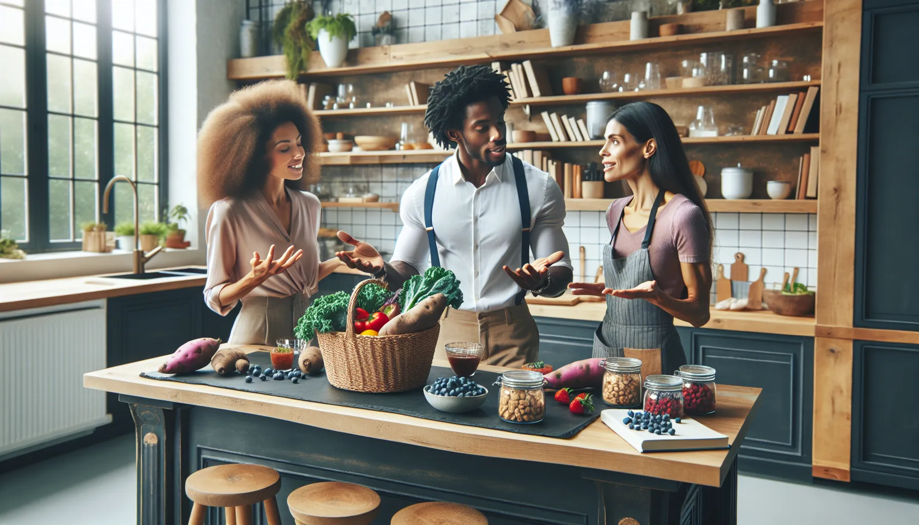diverse group discussing superfoods in a modern kitchen.