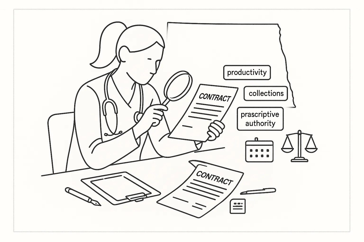 Nurse practitioner closely reviewing a contract with North Dakota outline behind a North Dakota Nurse Practitioner Contract Review.