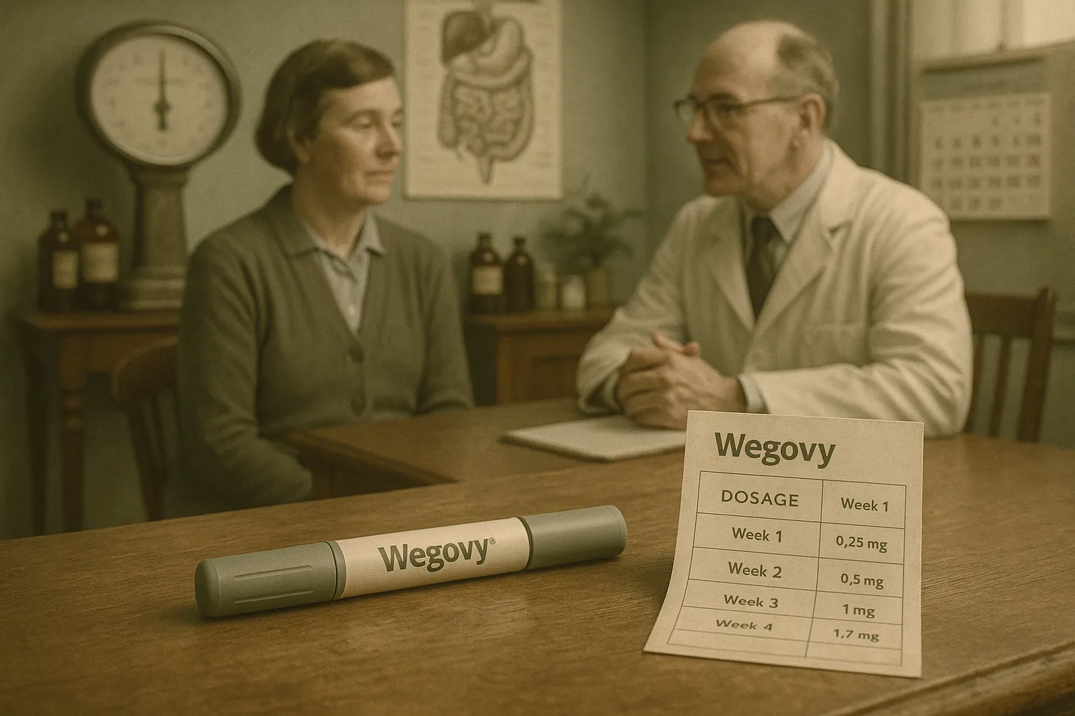 A weekly injection pen and doctor consultation in a vintage clinic setting.