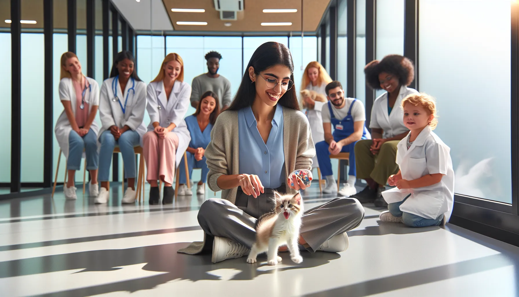 caregivers engaging with playful kittens in a modern facility.