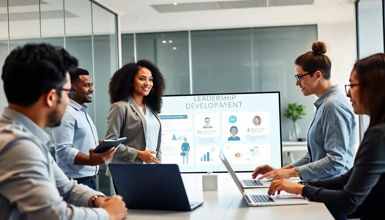 Diverse professionals engaged in a leadership development workshop in a modern office.