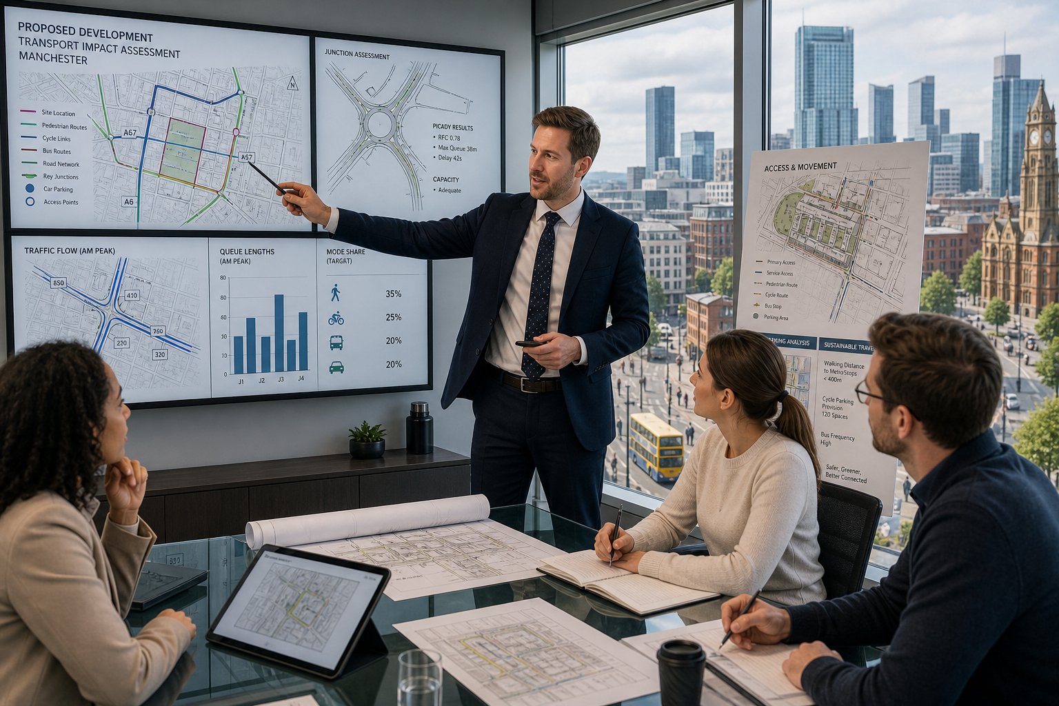 Traffic engineer reviewing development transport plans in a modern Manchester office.