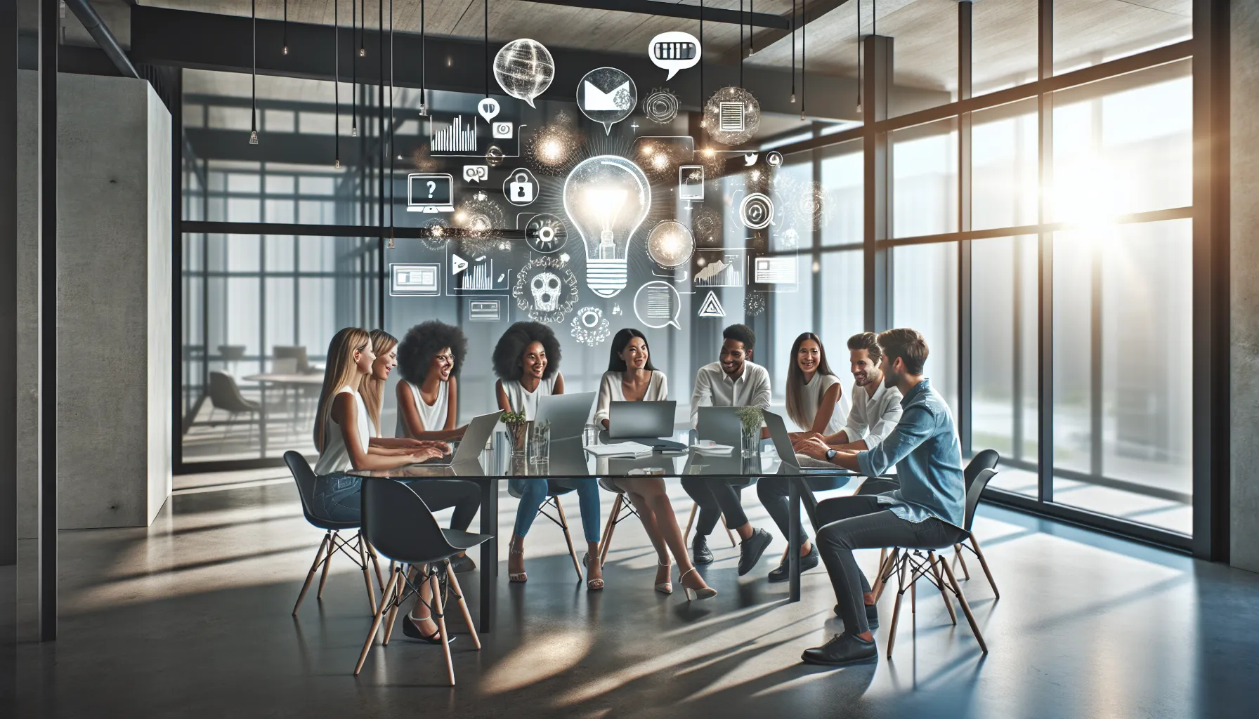 diverse team brainstorming in a modern office.