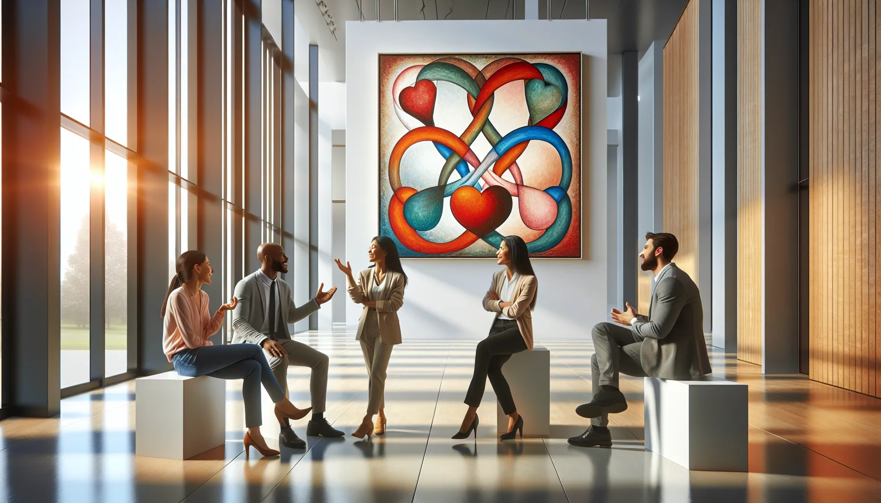 diverse professionals discussing art representing kinship in a gallery.