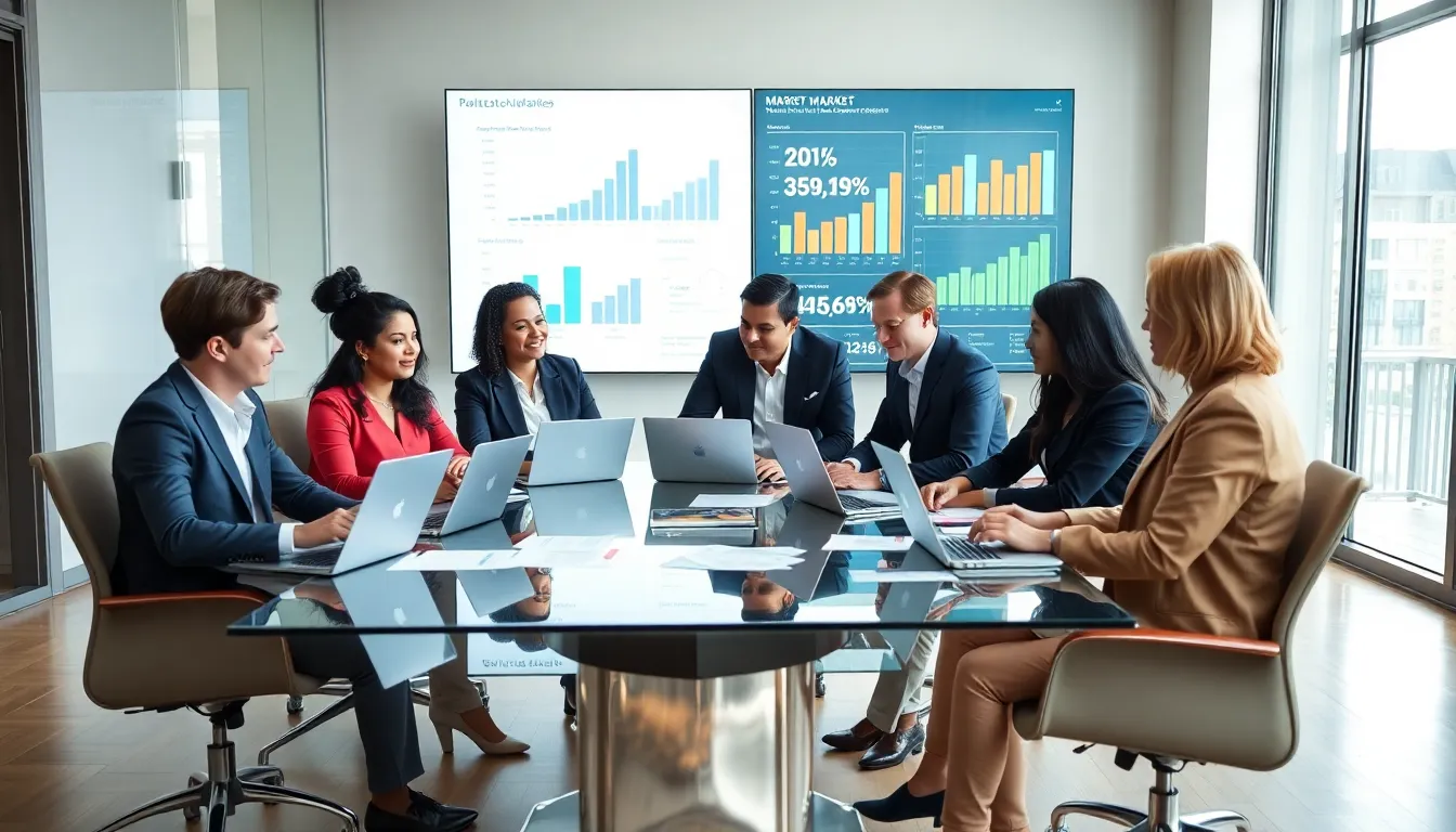 Real estate professionals collaborating in a modern office.