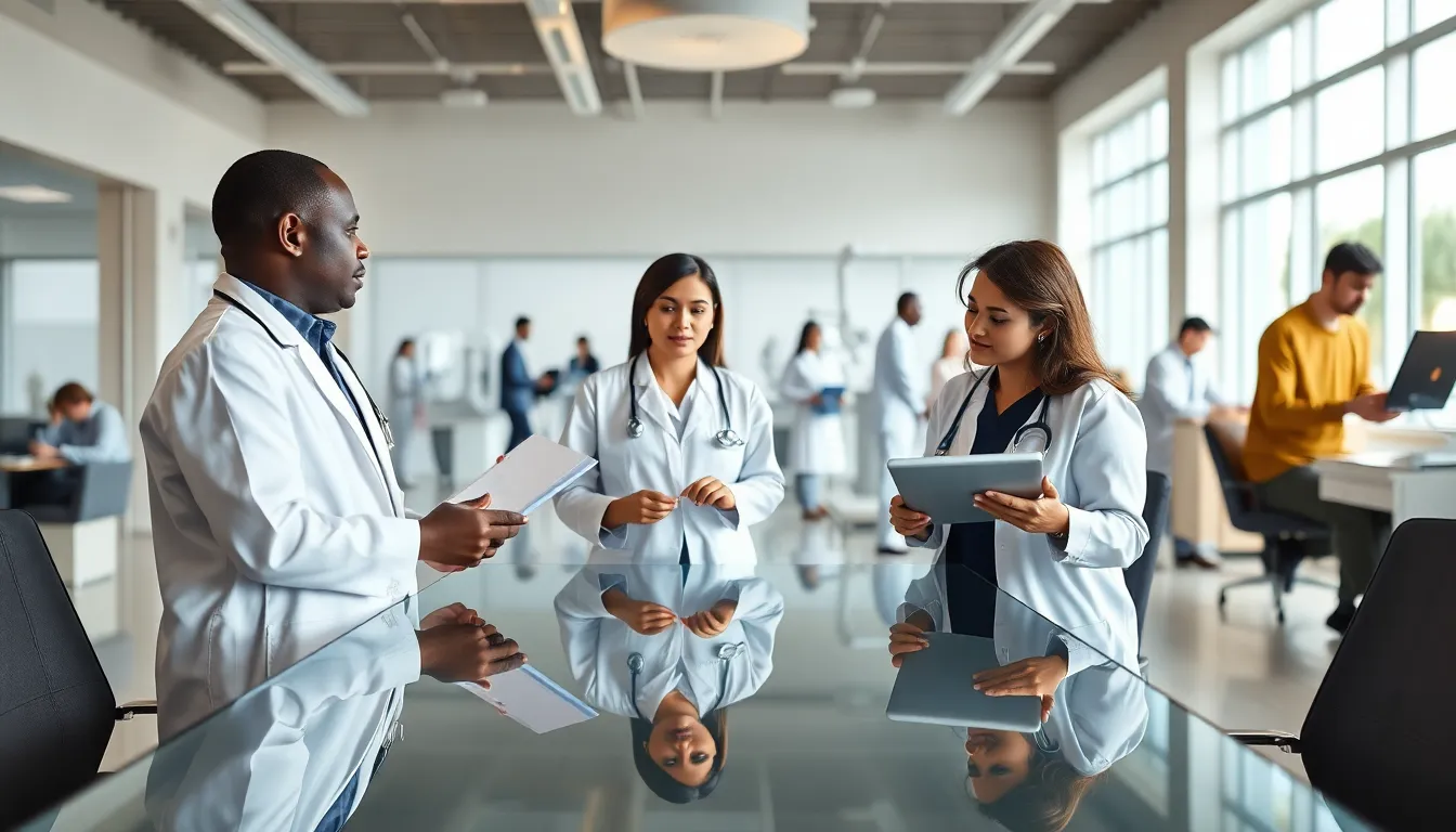 diverse cancer care professionals collaborating in a modern healthcare setting.
