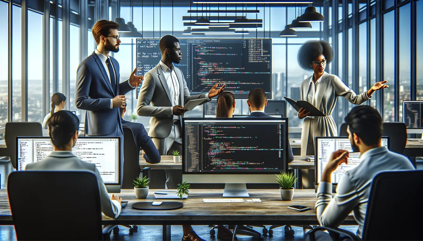 diverse team troubleshooting Python software issue in a modern office.
