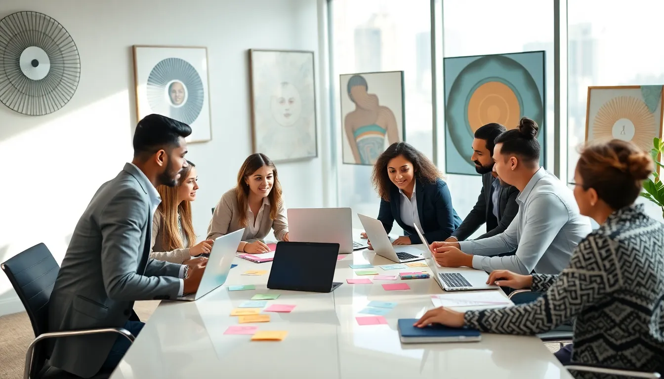 diverse team collaborating on charuebat in a modern office.