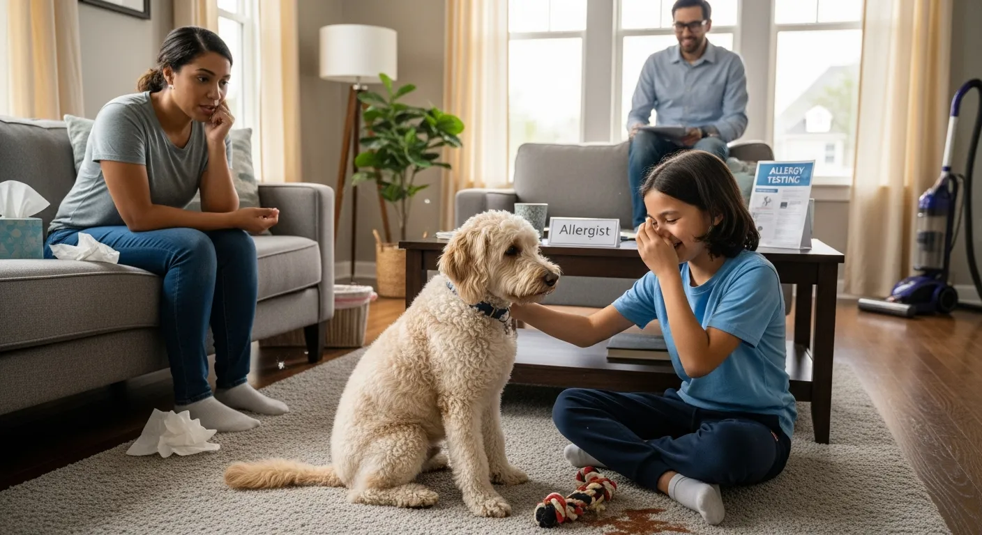 Family with a low‑shedding dog in a clean living room, showing mild allergies.