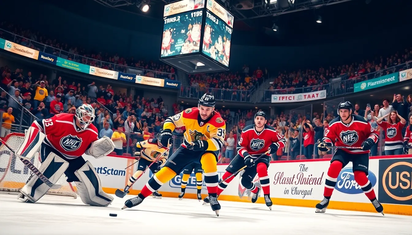 hockey players in action during an NHL game with cheering fans.