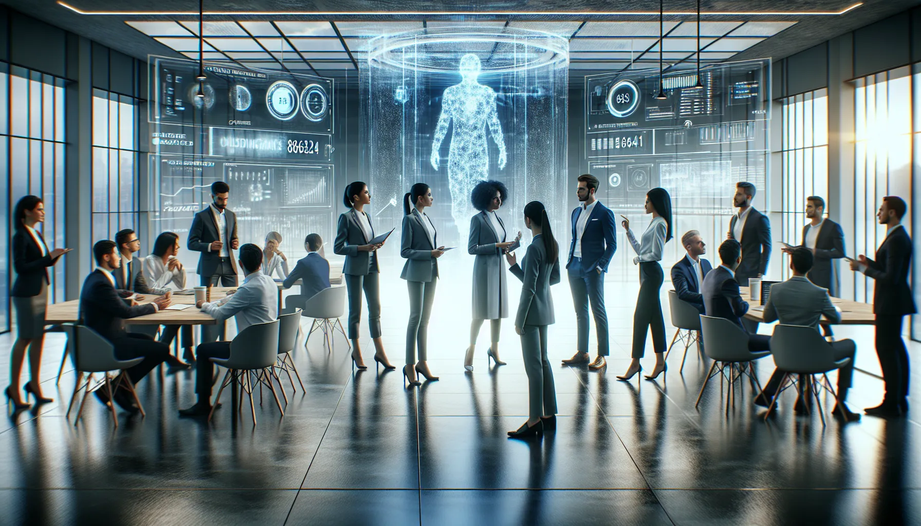 diverse professionals discussing future technologies in a modern office.