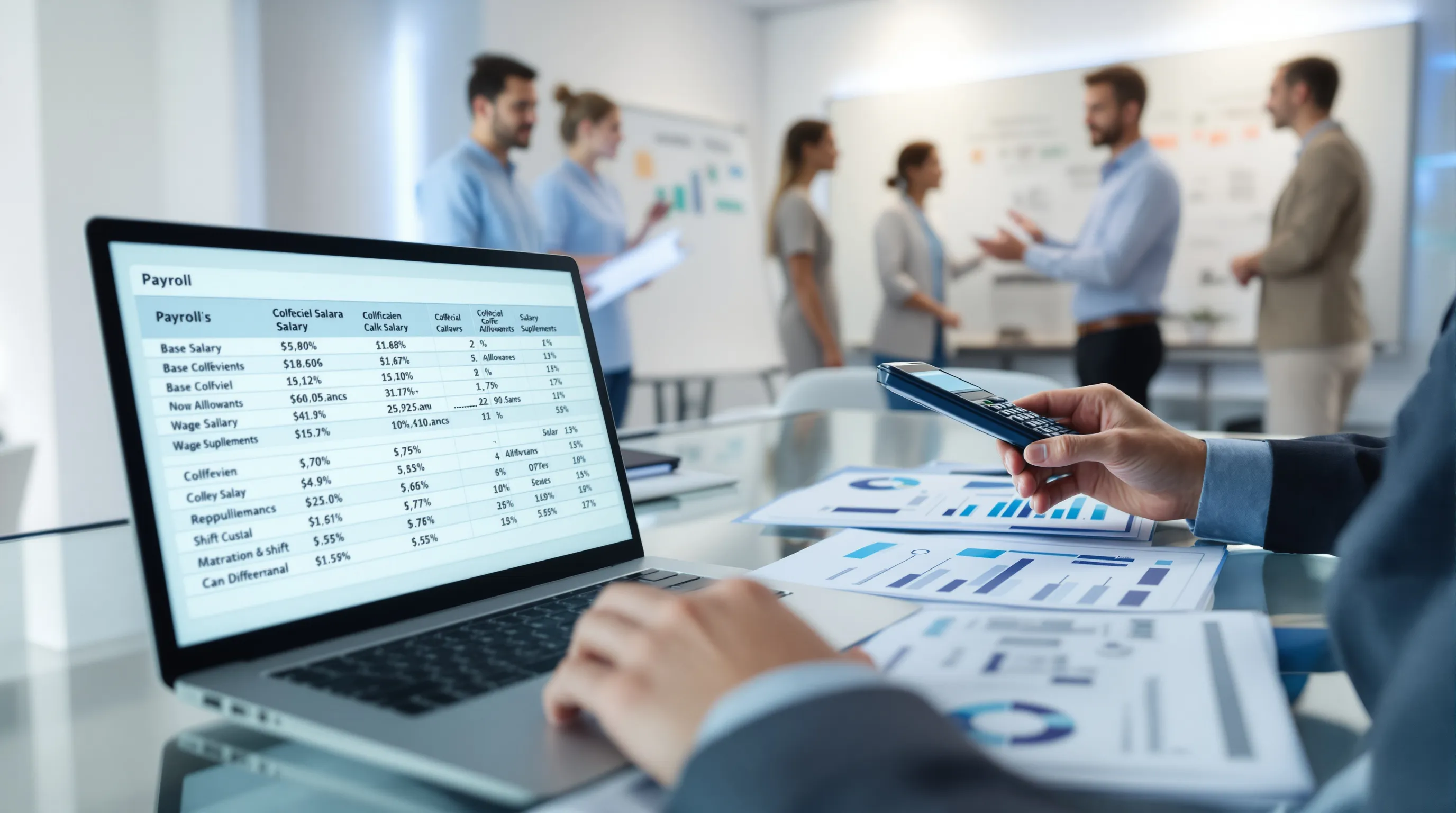 HR professional calculating salary coefficients at modern office desk