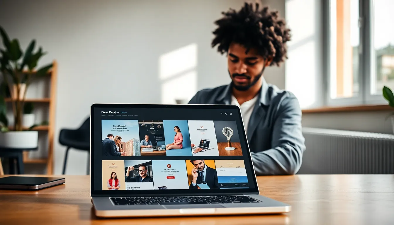 freelancer portfolio displayed on a laptop in a modern workspace.
