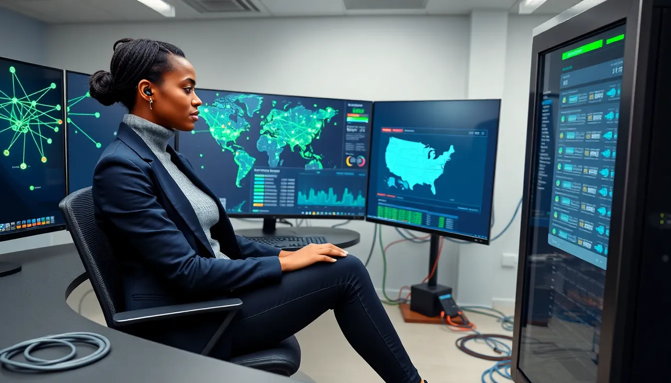 Network engineer monitoring a large network topology display in a modern NOC.