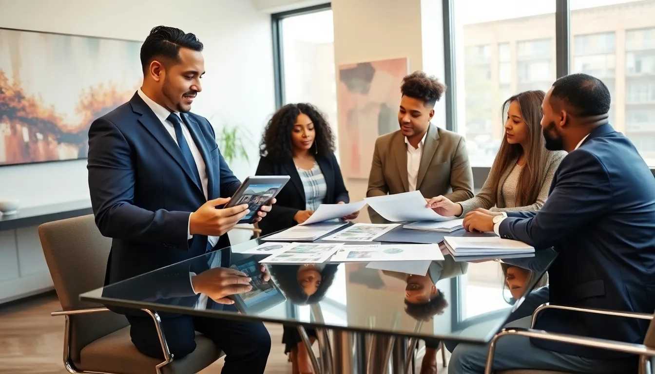 Timothy Williams discussing real estate with diverse clients in a modern office.