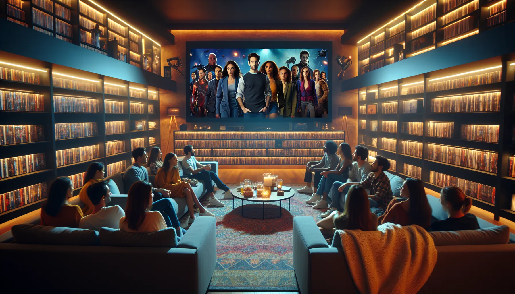 diverse movie enthusiasts enjoying a film in a cozy home theater.