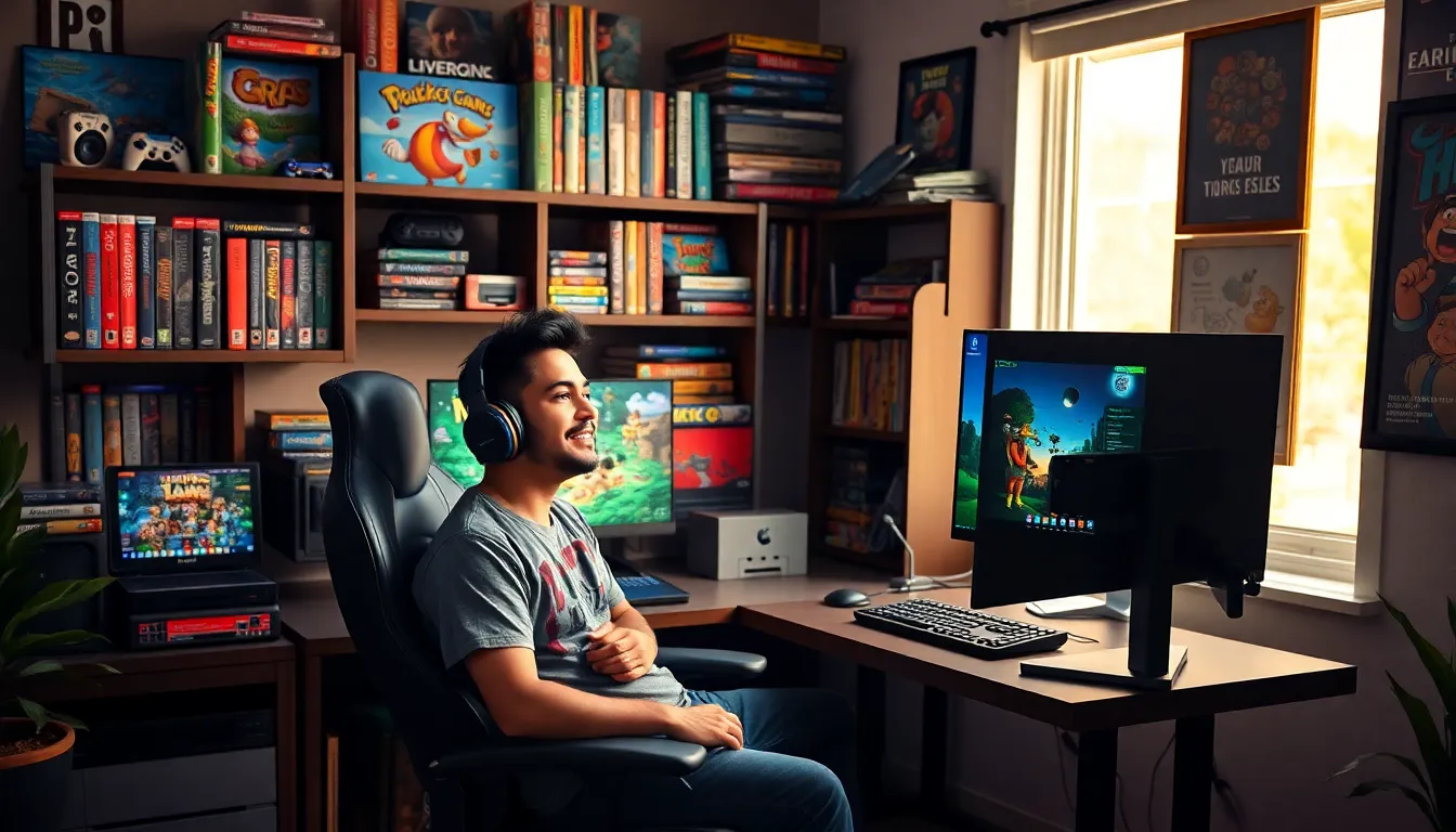 a young man playing a PC game in a vibrant home office.