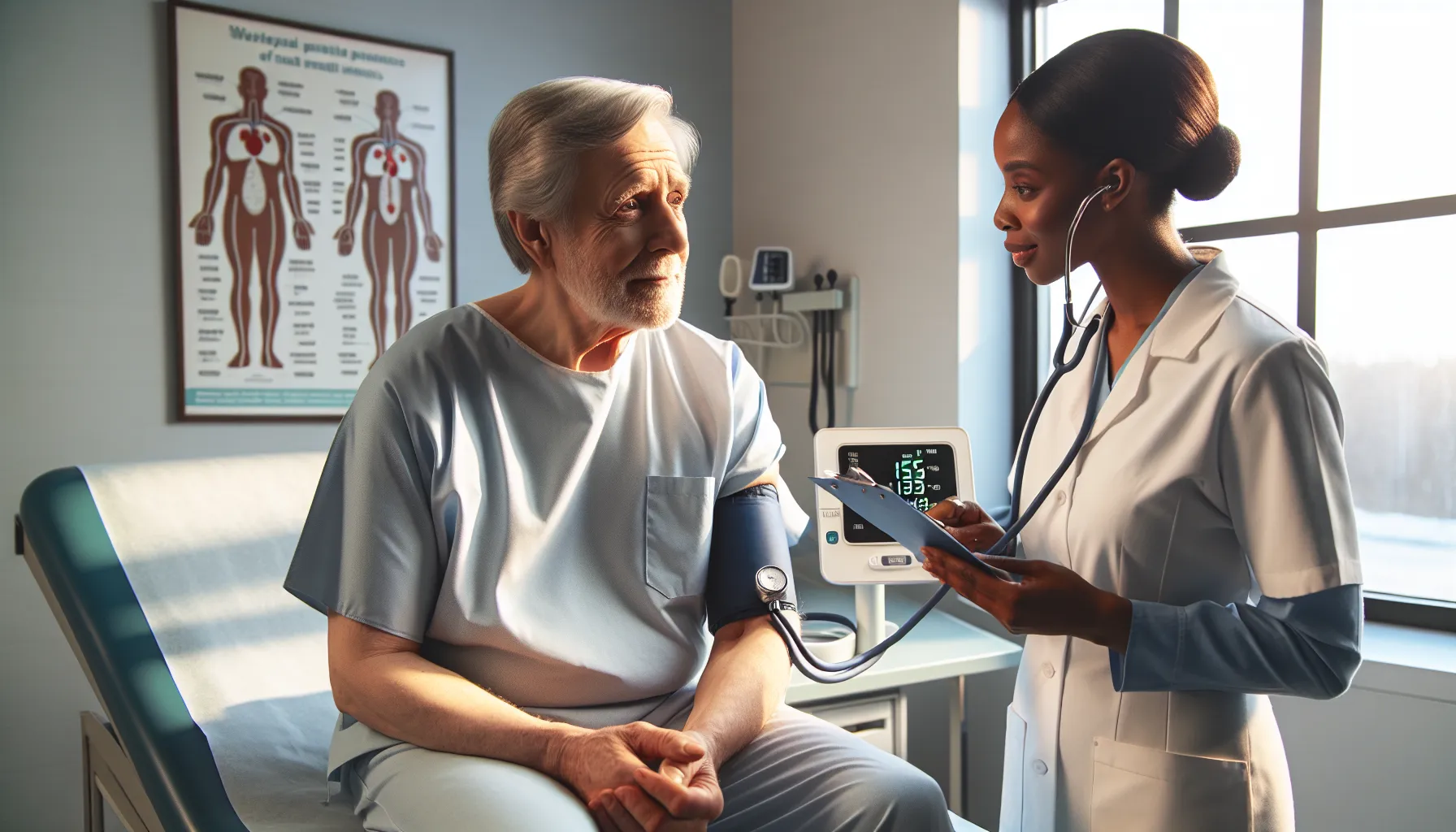 an older man checking his blood pressure with a healthcare provider beside him.