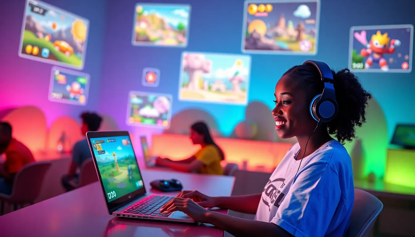 A diverse group of gamers enjoying online games in a colorful digital space.