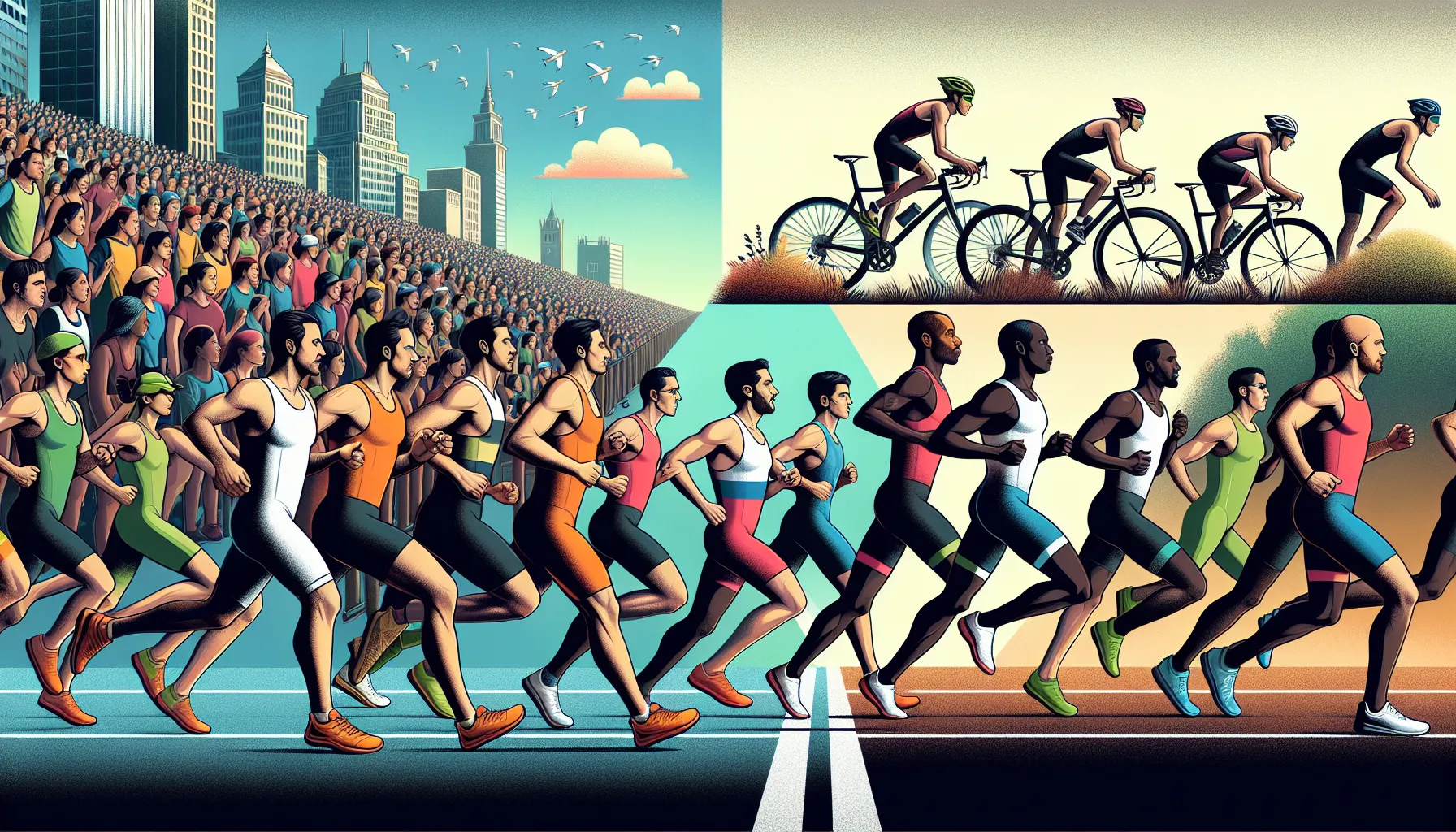 A marathon and a triathlon depicted side by side in contrasting scenes.