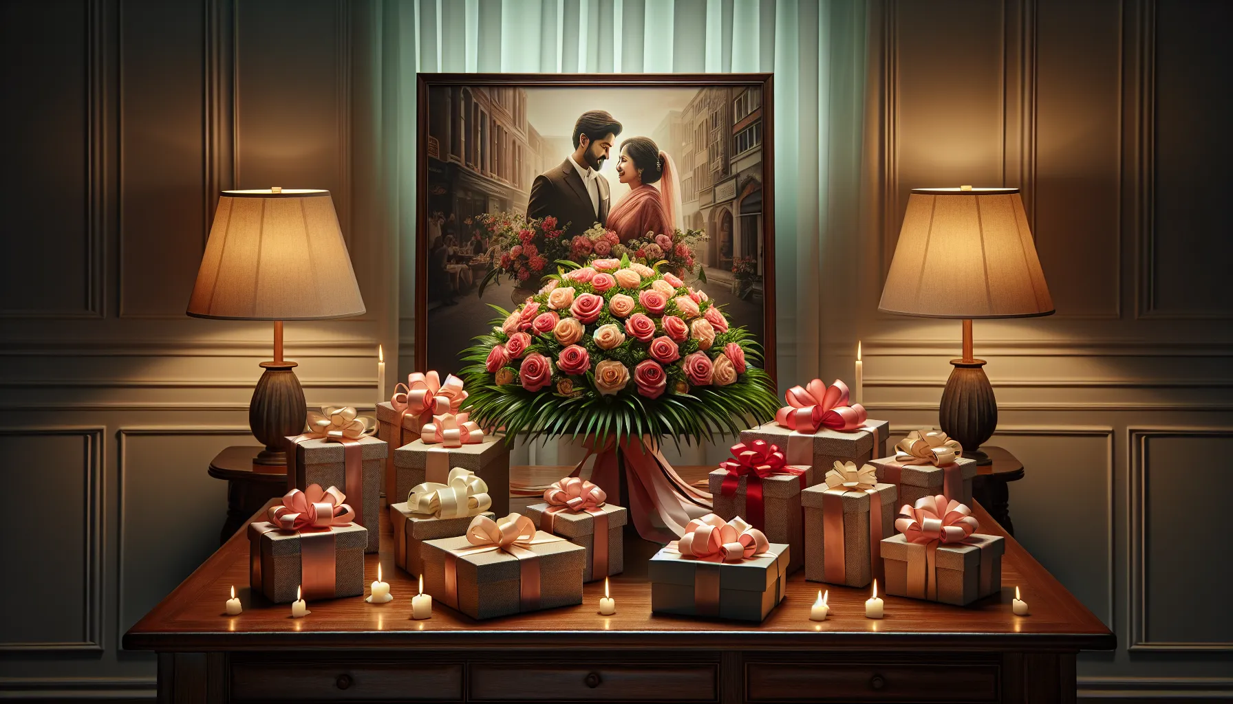 thoughtfully arranged anniversary gifts on a wooden table.