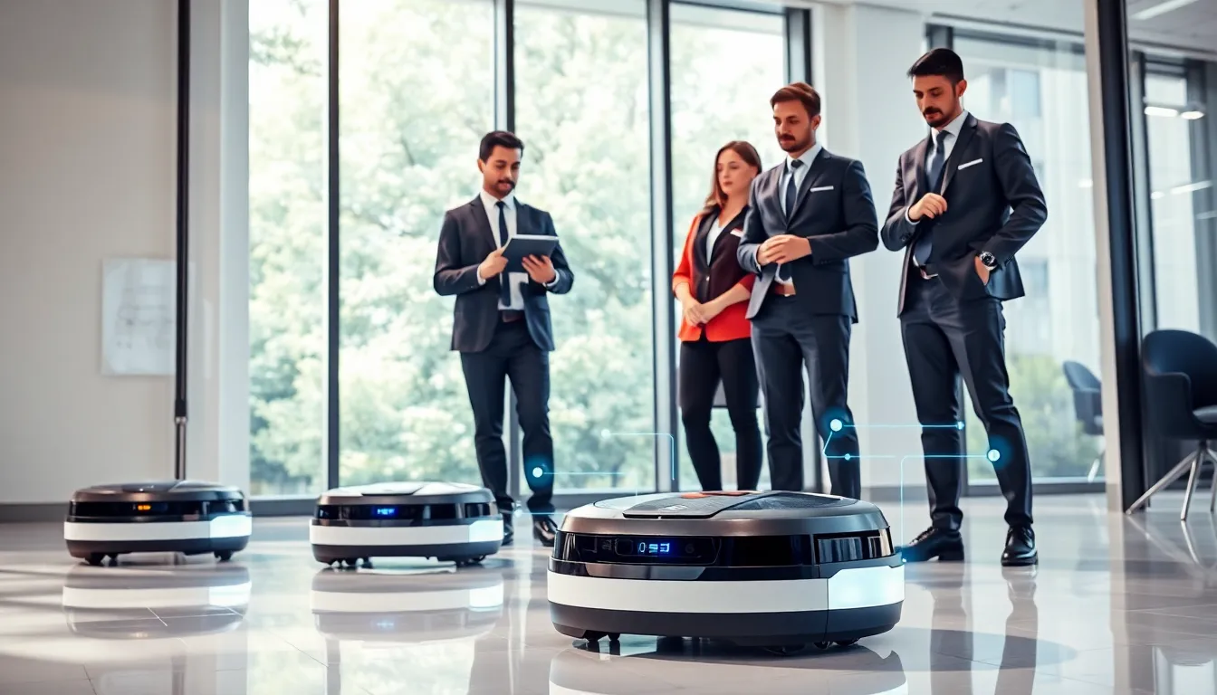 diverse team using janitorial AI technology in a modern office.