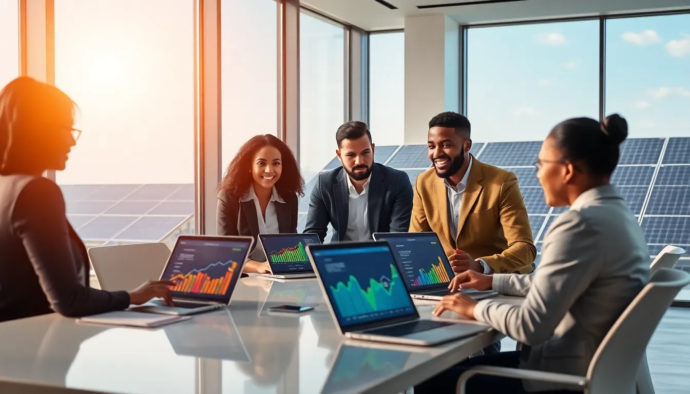 diverse team discussing sustainable energy solutions in a modern office.