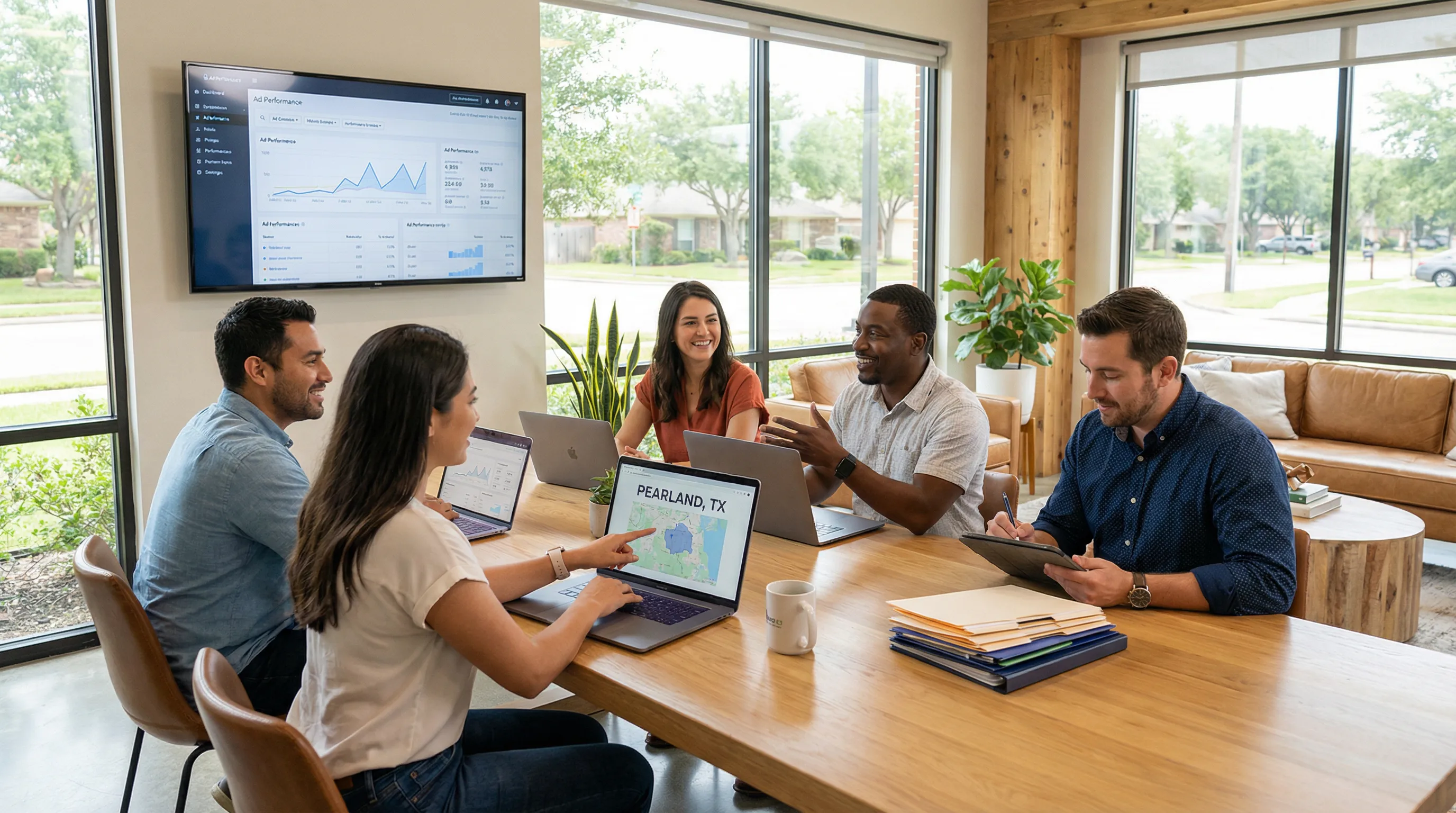Local PPC management team in a modern office reviewing digital ad performance data and maps of the Pearland area together at a conference table.