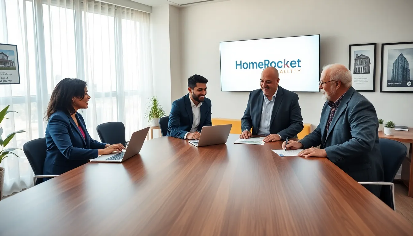 three real estate agents collaborating in a modern office space.