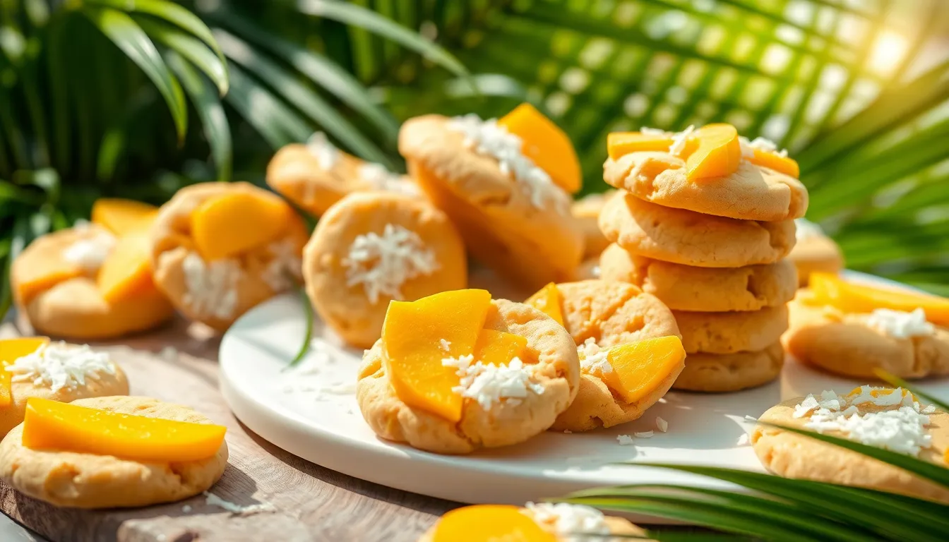 A platter of tropical cookies with mango and coconut accents.