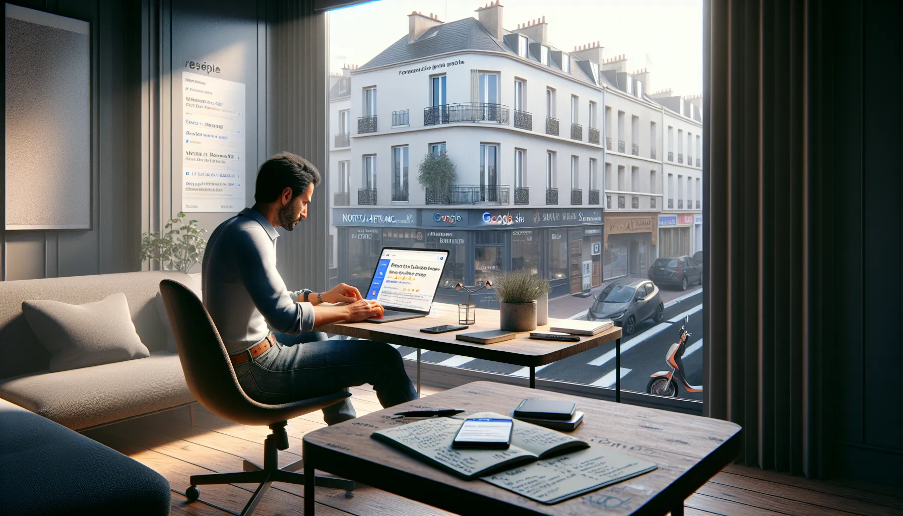 Small business owner in Bagnolet studying Google search results with local competitors.