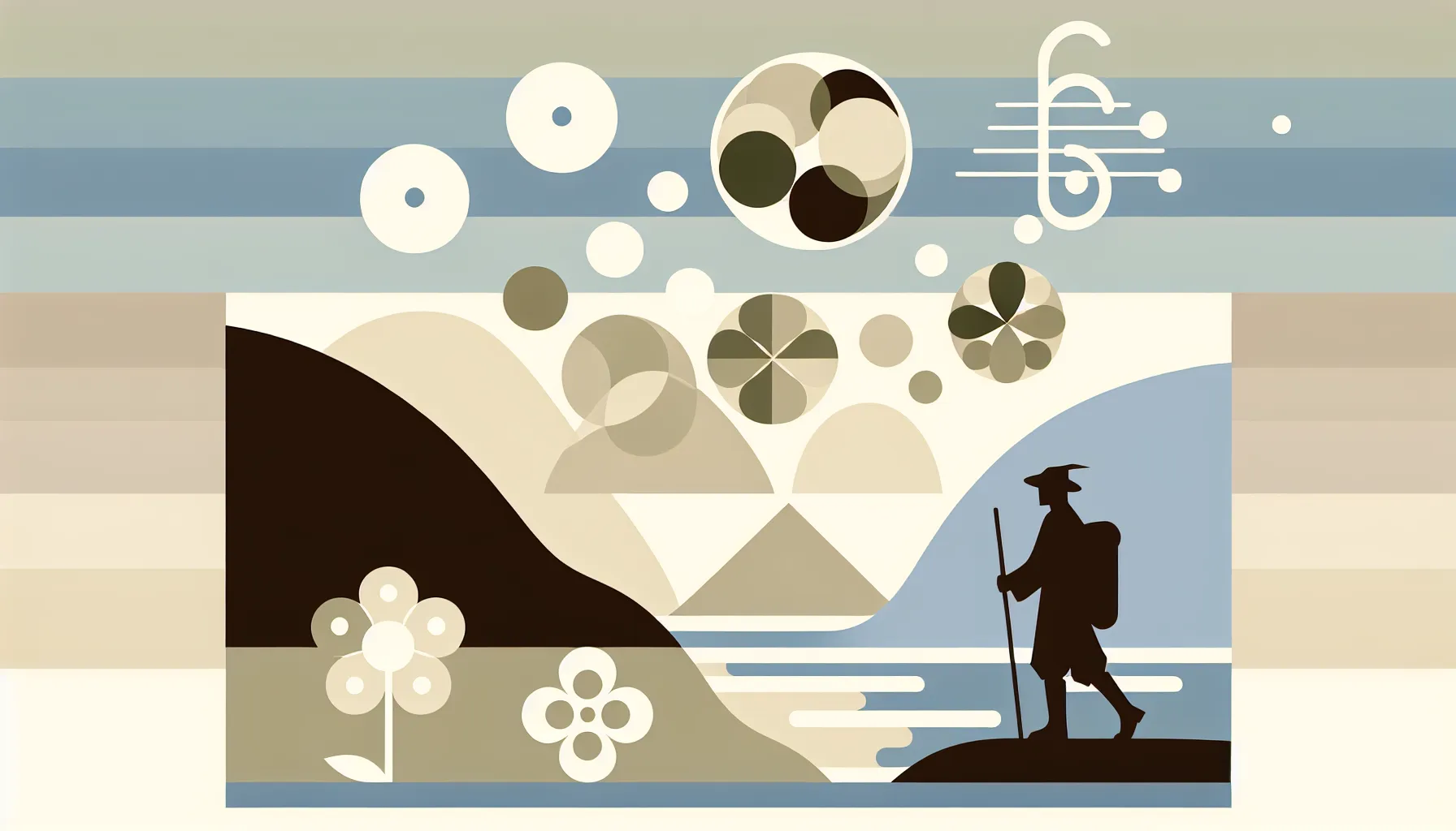 Minimalist shepherd silhouette near mountain with river and floating musical notes