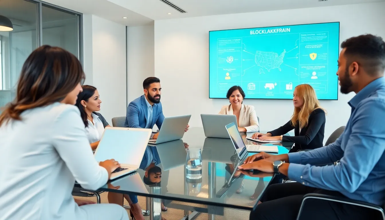 diverse team discussing blockchain technology in a modern office.