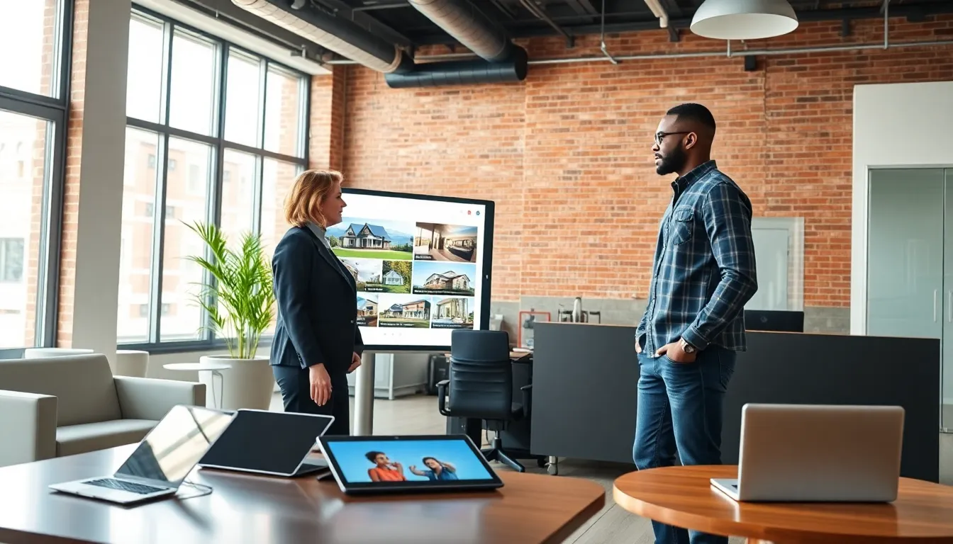 A woman and man discussing real estate in a modern office with technology.