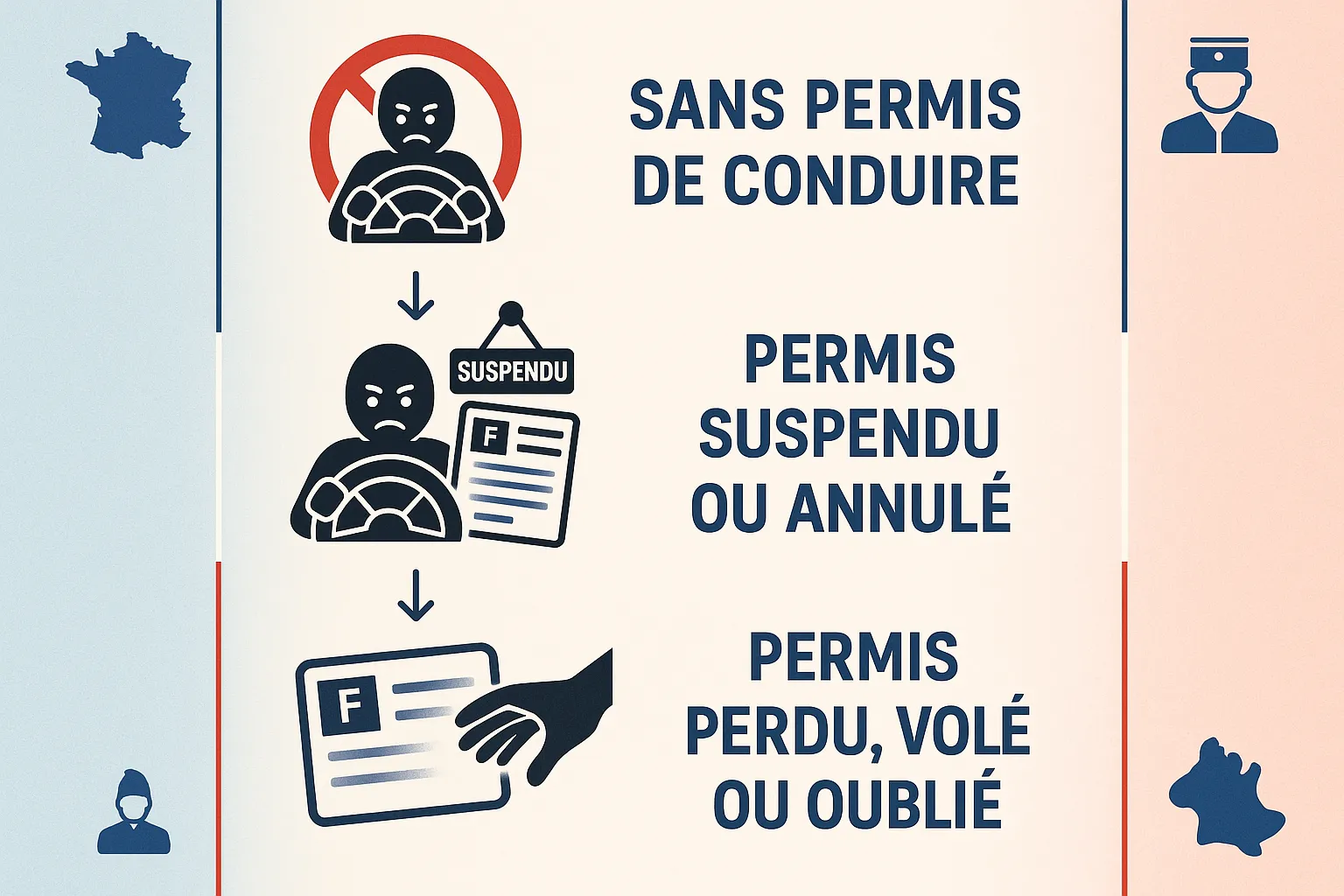 comparison chart of different forms of driving without a license in France