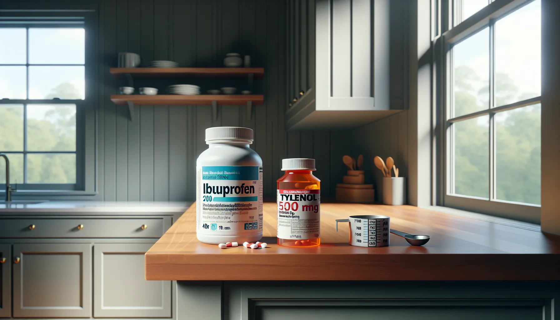two medicine bottles on a kitchen counter with dosage instructions.