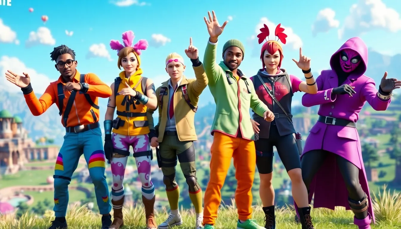 diverse Fortnite characters striking a T-Pose in a vibrant game setting.