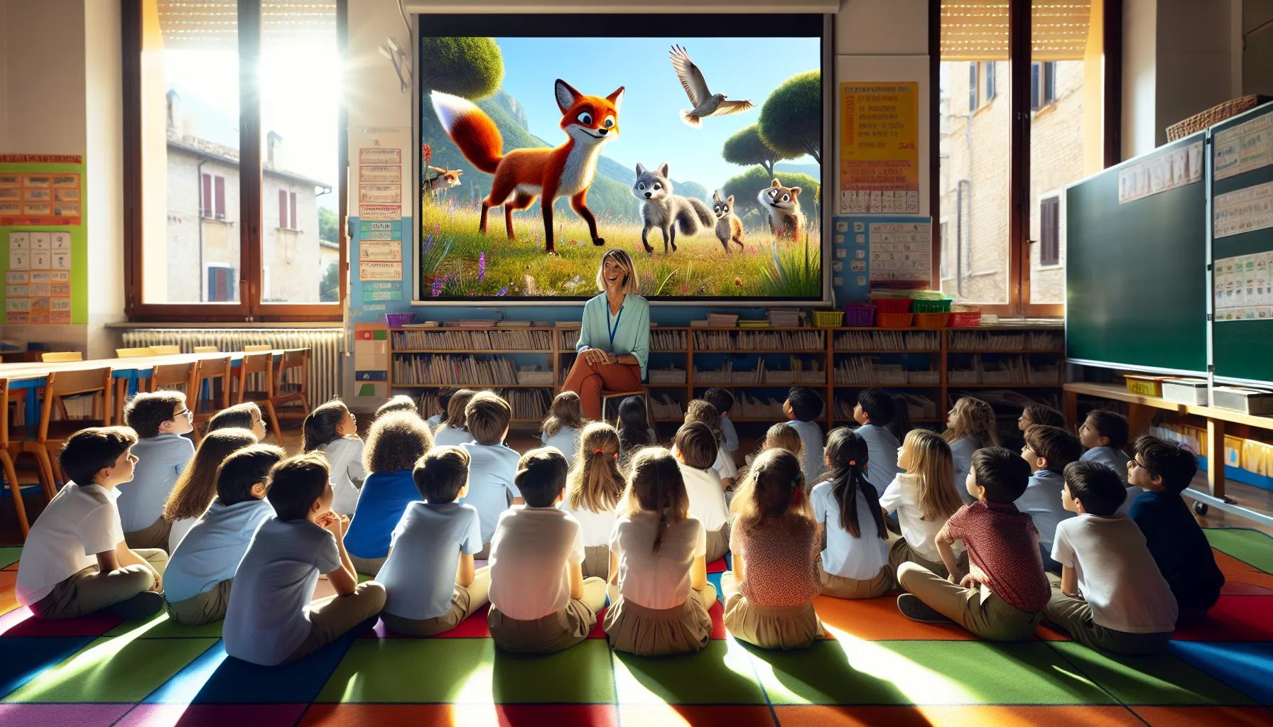 Italian schoolchildren watching an animal documentary with their teacher in class.