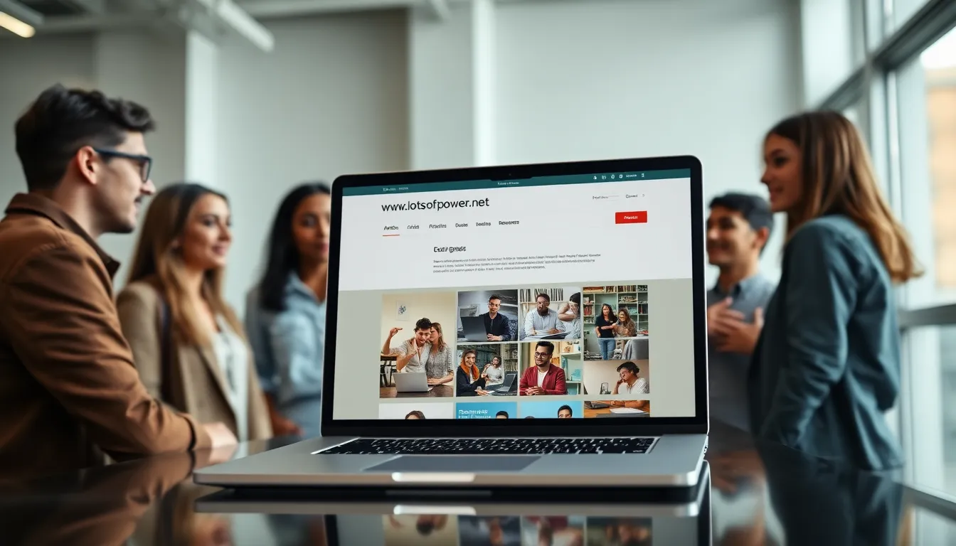 A laptop displaying an organized website with diverse professionals discussing.