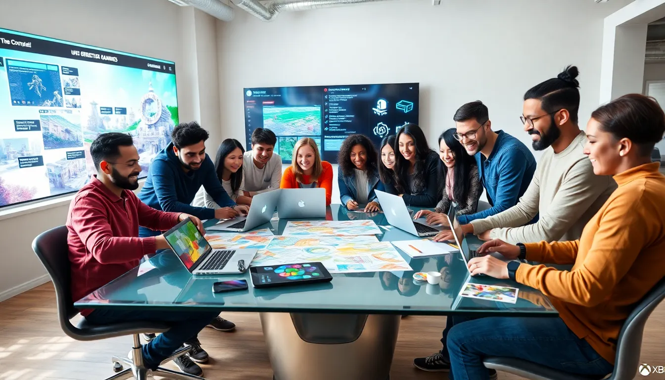 diverse team collaborating on game design in a modern workspace.