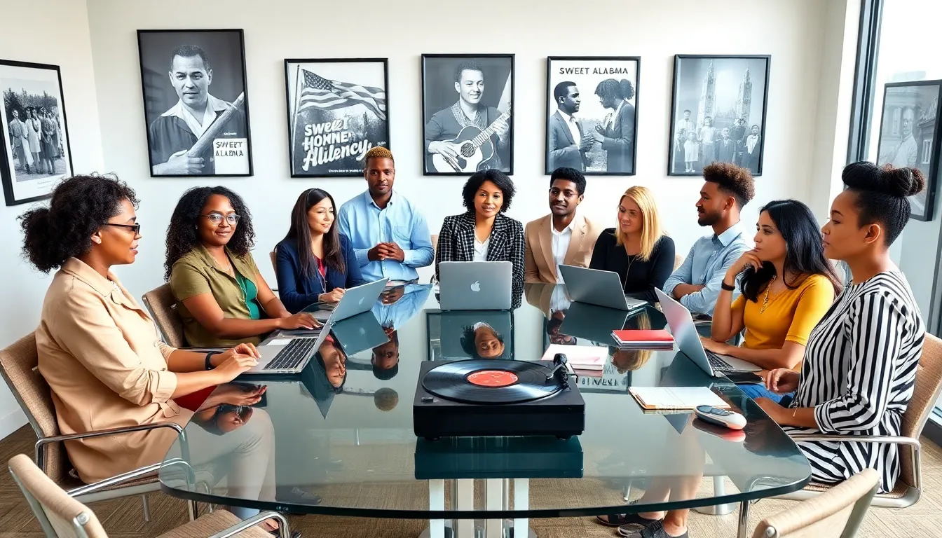 diverse professionals discussing the meaning of 'Sweet Home Alabama' in a conference room.