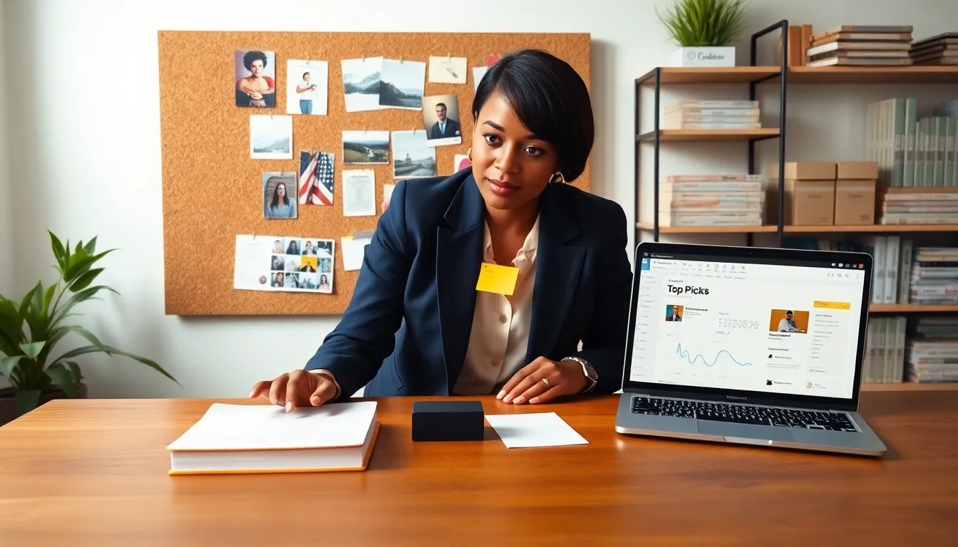 A curator arranging selected items on a worktable in a bright office.