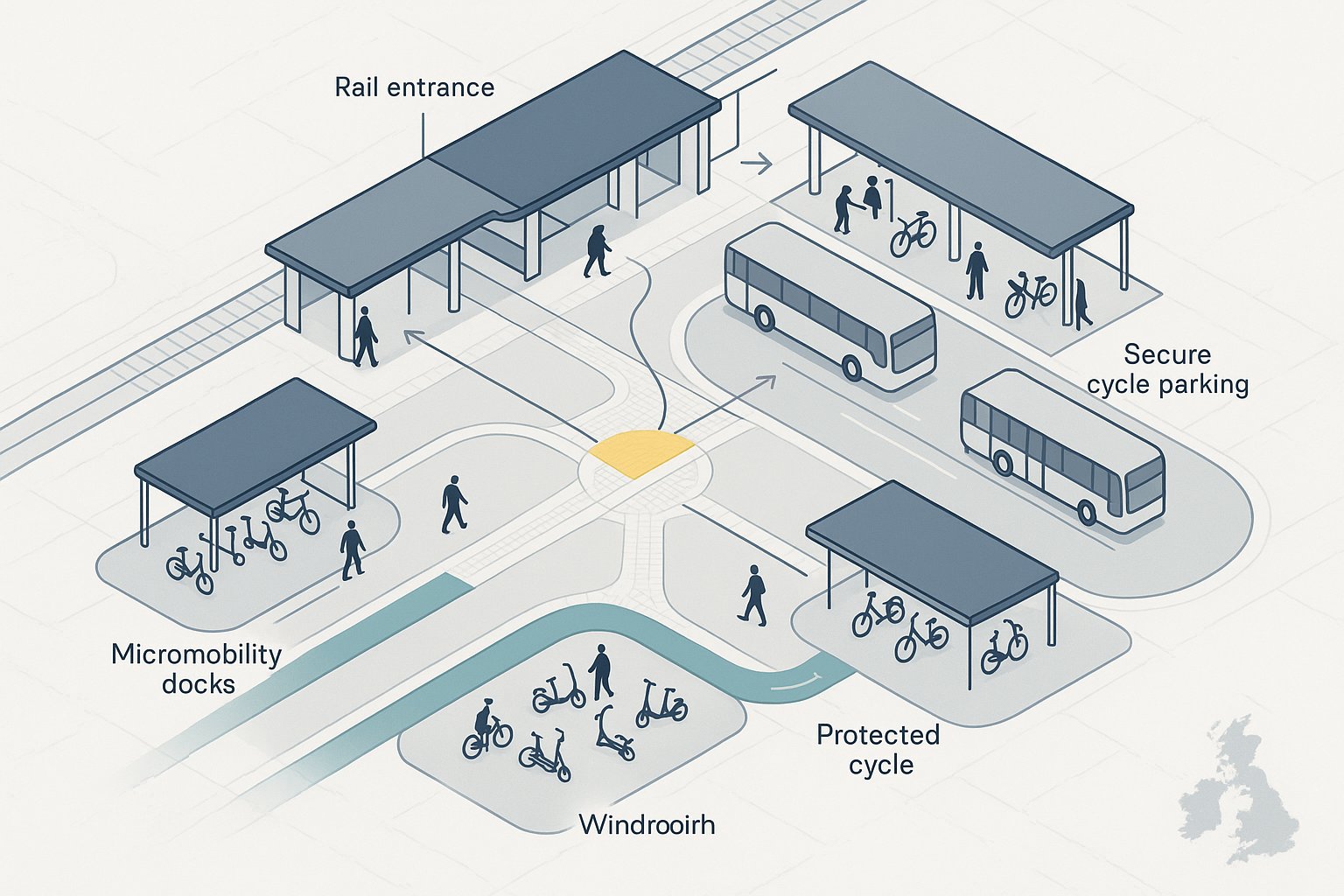 Infographic of a UK mobility hub with seamless walking, cycling and transit connections.
