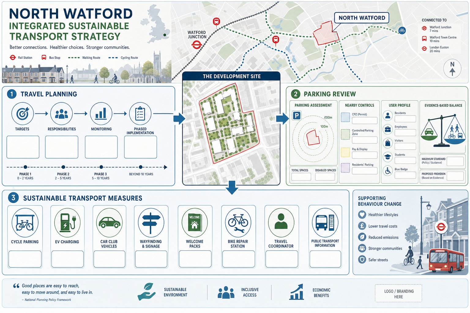 Infographic of travel planning, parking review, and sustainable transport measures.