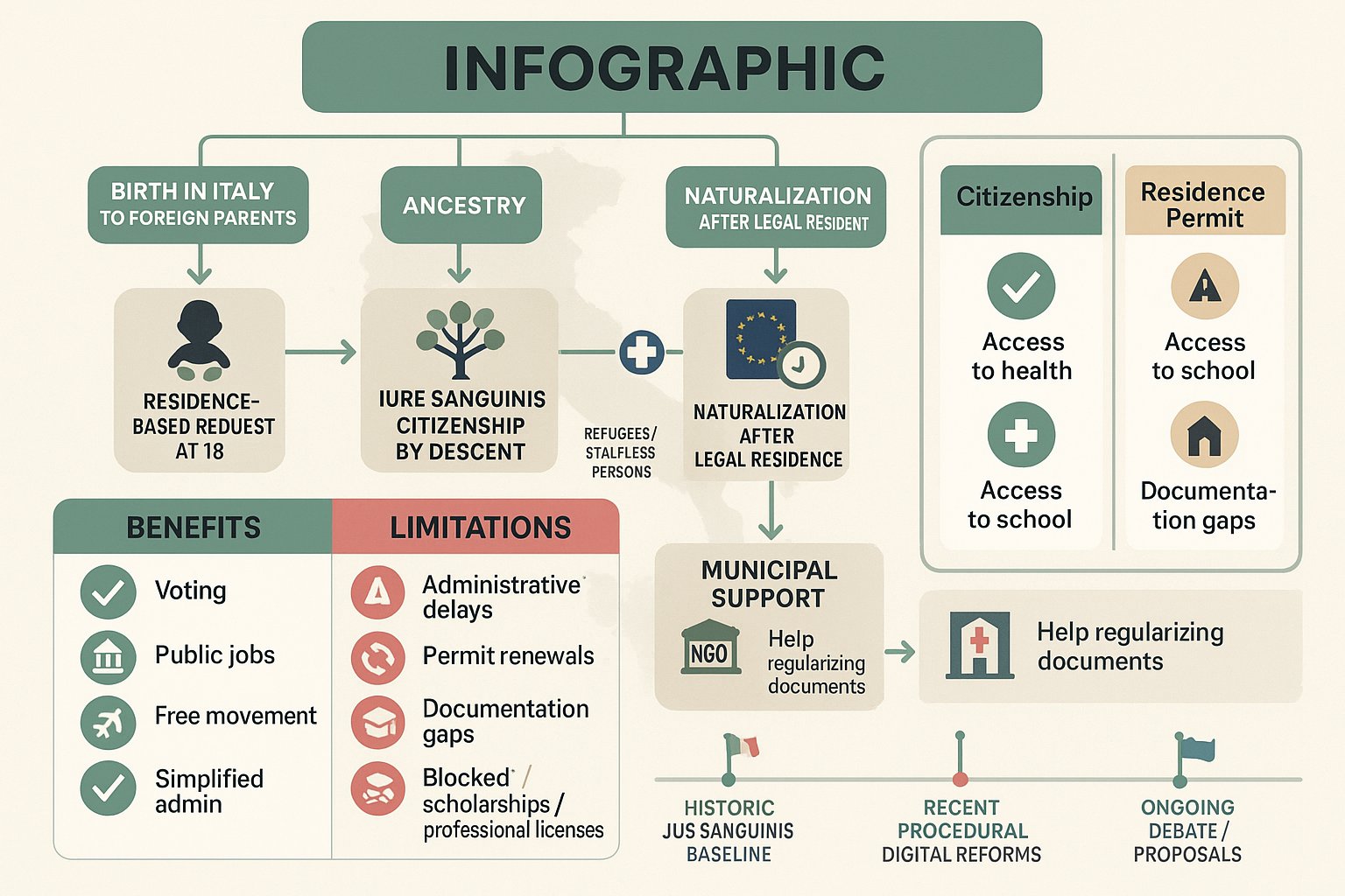 Diagramma dei percorsi di cittadinanza e residenza per i giovani di seconda generazione in Italia.